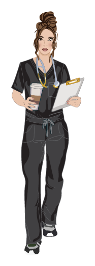 Woman waliking with clipboard and coffee