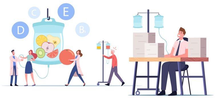 cartoon with people connected to IVs