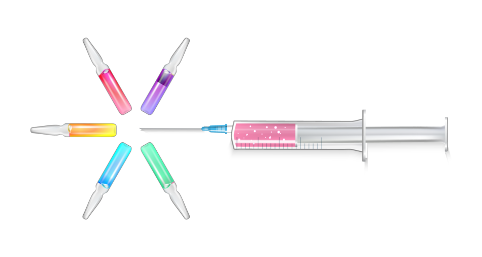 syringe with colored vials around it